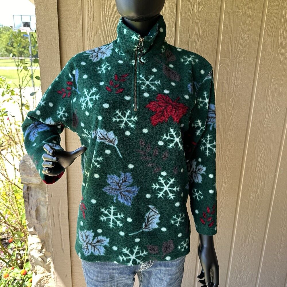 Lavon Holiday Winter Pattern Pullover Womens Petite Small 1/4 Zip Fleece Leaf